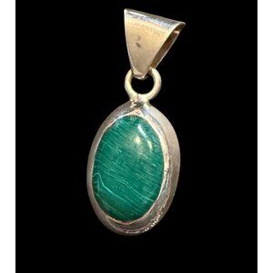 Vtg Taxco Sterling Silver Green Malachite Statement Oval Pendant Mexico gift 7g